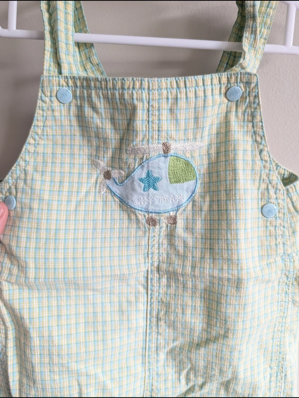 Vintage OshKosh B'gosh Light Green and White Plaid Baby Shortalls WithHelicopter